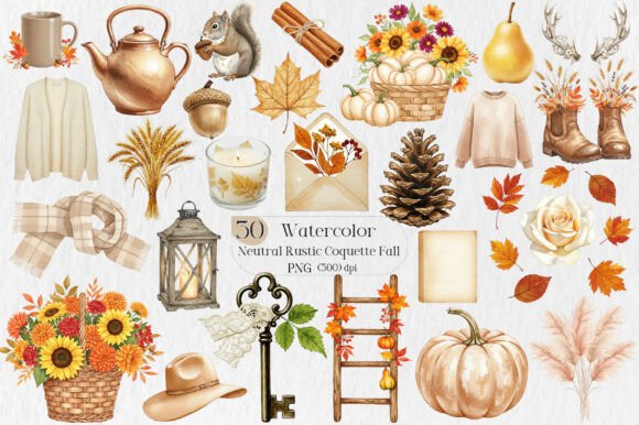 Neutral Rustic Coquette Fall Clipart: Your Autumn Design Toolkit