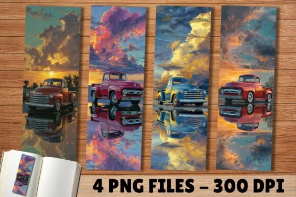 Retro Pickup Truck Sunset Sky Bookmark: A Digital Asset with Character